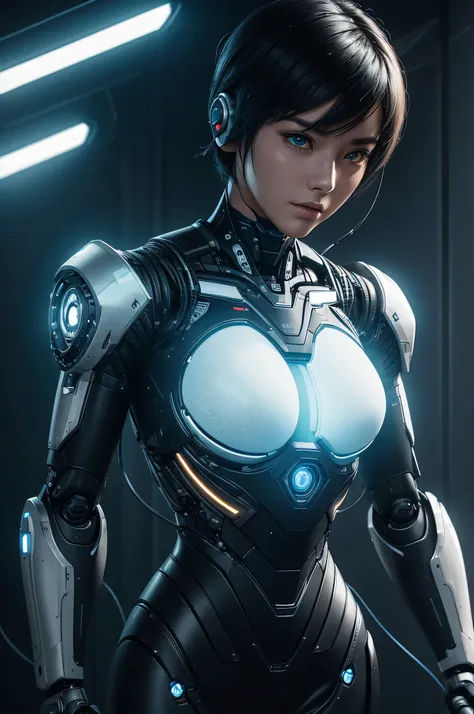 Intelligent Bionic Robot、Short-haired man with black hair、Cyborg Robot Parts、cable electric wires、microchips、Delicate body,bright studio、hyperphotorealism、high-detail、intricate detailes、softlighting、Rim Lights、rendering by octane、Unreal Engine 5 Renders、Me...