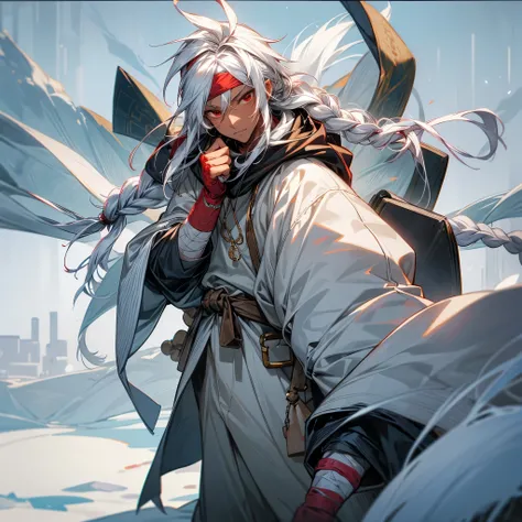 1male, young adult, dark skin, finely detailed red eyes, wild long hair, white hair color, long braid, puffer snow hoodie, head band, baggy pants, day time, snowy village, calm expression, muscular, tattoos, bandages around arm, anatomically correct 