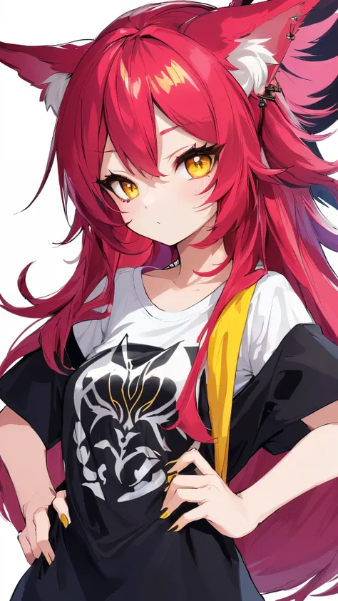 Xayah,t-shirt,  animal ears, yellow eyes, pierced nose, casual clothes, portrait, stunning, hair over shoulder, hoodless, beautiful, 4k
