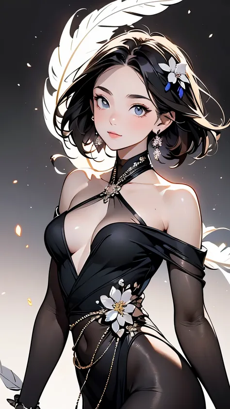 Small breasts, Off the shoulder, Expose your shoulders, Short Hair, Brown Hair, colored Feather, Metal ornaments, colored flower, particle, Light, (masterpiece of the highest quality, Official Art, beautifully、Midea: 1.2), (1 girl: 1.3), Very detailed, (Fr...