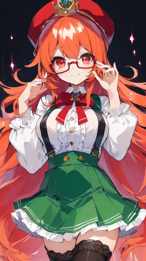 ((masterpiece, best quality)), aston machan (umamusume),, smile, large breasts, upper body, , long sleeves, white shirt, frills, green skirt, button, black thighhighs, suspender, , espectacled, red-framed eyewear, red hat crown, , crazy eyes, glowing eye, ...