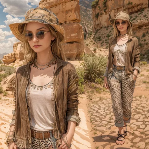 ((Best quality)), ((masterpiece)), ((realistic)), ((Best quality)), ((masterpiece)), ((realistic)), Girl walking in desert, looking tired, wearing Loose-fitting clothing Long-sleeved shirts and pants, Headgear, Sunglasses, very beautiful, in a natural and ...