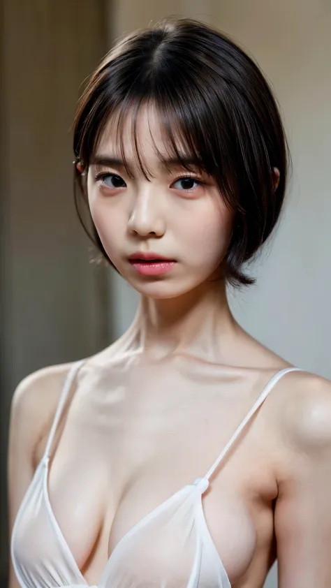 ((Petite women, Sensual woman, No makeup, 柔らかい笑face)), (((Small eyes, length, Narrow eyes, Black Hair, Short Bob Hair))), (Full body portrait, Short Hair, Large Breasts, Wearing a white T-shirt, Protruding nipples, Thick pubic hair), White skin, Glossy pal...