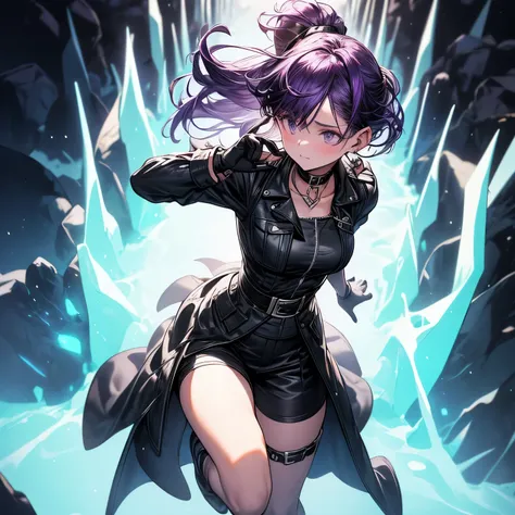 4k, HDR, full HD, Masterpiece, 1girl, (purple hair), perfect anatomy, full body, Military green short-sleeved combat jacket, with a tight-fitting design. The jacket usually has a collar, it carries insignia that reinforce its military appearance on the sle...