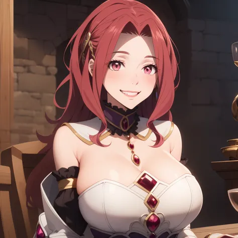 malty S Melromarc ,red hair , Pink eyes , Of course, Big breasts, happy smile showing teeth, blush,  . armadura de malty S Melromarc , neckline,  background a fantasy castle, 