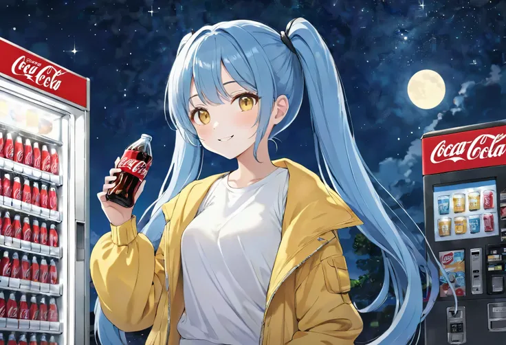 Light blue long hair、Beautiful girl with twin tails、White shirt and yellow jacket、Smiling and standing in front of a Coca-Cola vending machine、Drink vending machine、Moonlit Night、Starry Sky、Vending machine lights、Japanese animation style, Praise colors