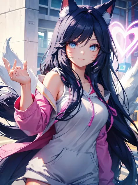 Ahri in a casual light grey hoodie.,short jeans, beautiful detailed eyes, smiley face, long eyelashes, her tails form a heart shape behind her, Standing on a sidewalk, sun shining, vivid colors, photorealistic, portraits, Half:illustration. (Better quality...