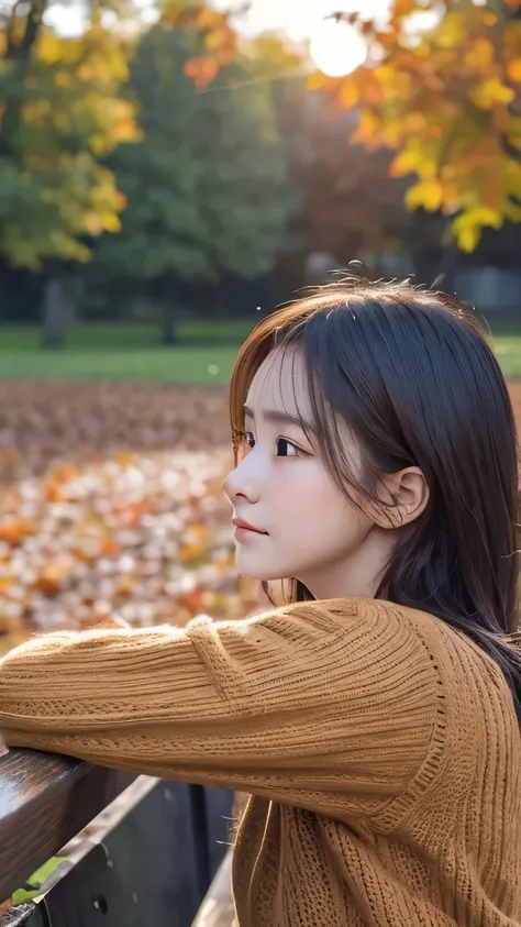 (Beautiful girl looking down with a sad expression:1.5), (Sit on a bench:1.5), (Autumn Sweater:1.3), (Baby Face:1.2), (Best Quality:1.4), (Highly detailed and realistic skin:1.3), (Very detailedな髪と顔), Very detailed, (Wet Skin:1.2), (Child body type:1.4), (...