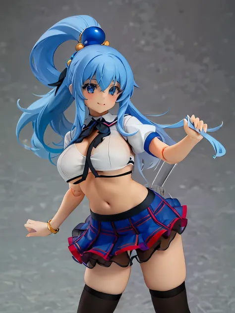 Great image quality, 8k., high quality, masterpiece:1.2), (masterpiece, Best quality: 1.2), One, 1 girl, Konosuba ,Water, blue hair, Smile on your face, looks at the viewer, figma, Hair rings, bare legs, bare hands, a white blouse, huge breasts, black penc...