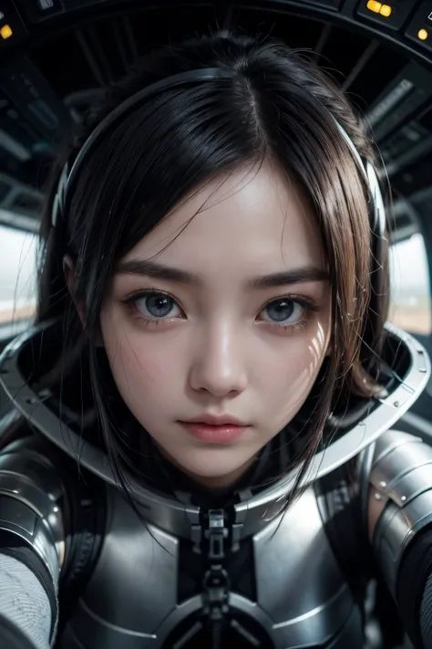 Upper body close-up image。One beautiful woman。１８age。Black Hair。Detailed drawing of faces。She wears metallic armor。She is sitting in the cockpit of a small spaceship。She is looking defiantly at the camera。Masterpiece。
