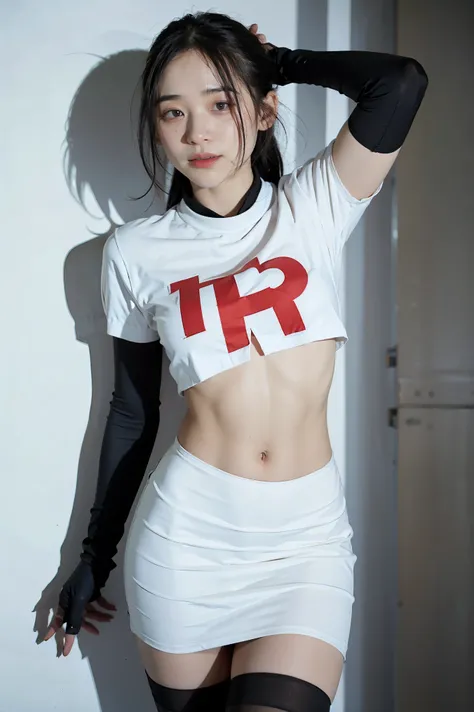 brandygordon, team rocket,team rocket uniform, red letter R, white skirt,white crop top,black thigh-highs, black elbow gloves,