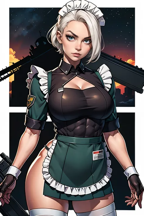 maid uniformを着た美しいサイボーグの女性兵士、short white hair、muscular、six pack abs、(maid uniform:1.8)、(white ruffled apron:1.4)、facial blemishe...