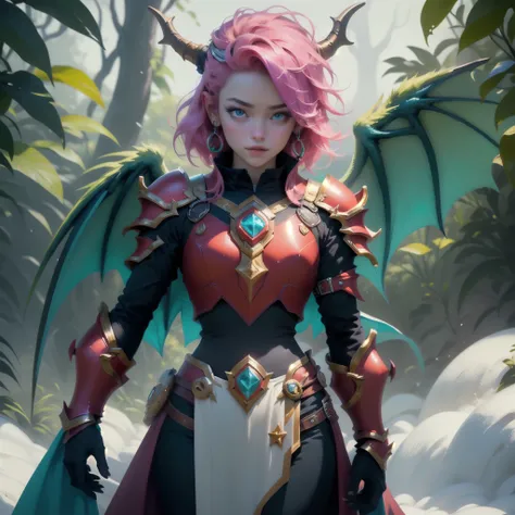 Lunox from the game Mobile Legends, realistic, 8K, surrealistic, itself, beautiful and cute young girl, height 1 meter , embarrassed, Demonic Wings, with armor, short green and pink hair, star pose. bottom: I infer, magic spell, rain of fire. 