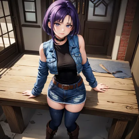 4k, HDR, full HD, Masterpiece, 1girl, (purple hair), perfect anatomy, full body, Denim jacket: short sleeveless blue denim jacket, giving it a modern and eye-catching touch. Black T-shirt with long sleeves: Under the jacket, a tight-fitting black T-shirt w...