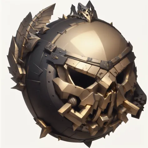 high quality，Black tire-shaped sphere，Gold spikes on the edges，There are golden wings on the back，Gold skull on the front，White background