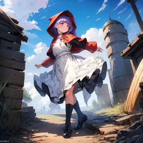 4k, HDR, full HD, Masterpiece, 1girl, (purple hair), perfect anatomy, full body, It is a bright red cloak with a hood that covers his head and falls to his back. This cape is lightweight and made of simple fabric. Under the cape, she wears a peasant-style ...