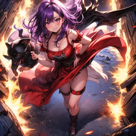 4k, HDR, full HD, Masterpiece, 1girl, (purple hair), perfect anatomy, full body, sexy little red riding hood costume