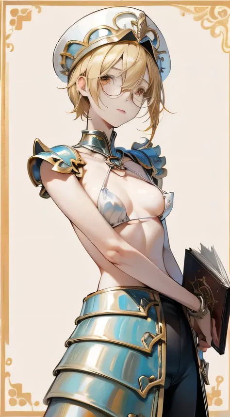 （）,perfection ,Don Quixote (Limbus, naked、Blonde, Beautiful girl、Glasses、Medium bra、Short Hair, Hair between the eyes, Orange eyes、String Bra、The chest is completely visible、Nipple piercing、Chained Scientist Hat、From the nipples、Basketball Hand、armor、`She ...