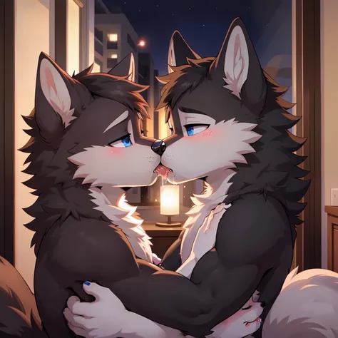 black wolf, Samoyed, 2 boys, Cuteness, blush, A look of ecstasy, Blue eyes, erection, semen, sopping, Kissing, drool,