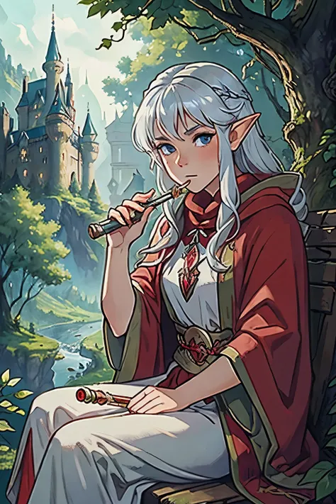 A silver-haired elf in a red cloak, sitting looking at the castle in the background in the branches of a tree, plays a flute. In the background a beautiful castle consumed by the vegetation and vines of a beautiful forest.