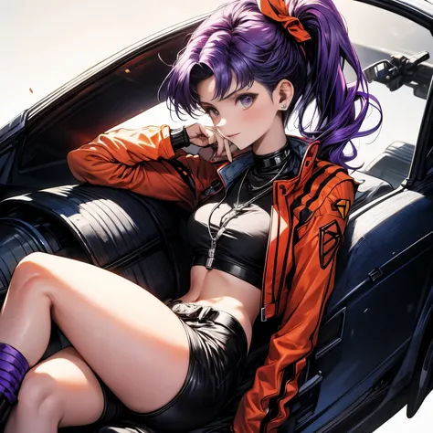 4k, HDR, full HD, Masterpiece, 1girl, (purple hair), perfect anatomy, full body, a modern and daring design. He wears a colorful jacket in green and orange tones with metallic details. Her short T-shirt shows her abdomen, and she wears pink shorts and blac...