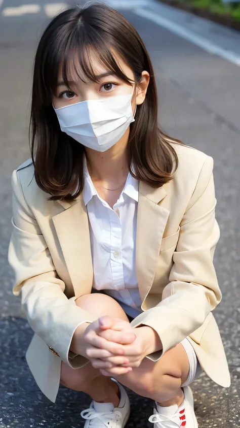 Best-quality, Masterpiece, Ultra-High-Resolution, (Photorealistic:1.4), Raw-Photo, 1girl, the most famous Japanese idol, (((beige tailored-jacket over white frilly-blouse, beige slacks, white platform-sneakers))), fullbody-shot, standing at Japanese univer...