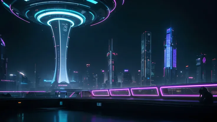 a highly advanced futuristic city, intricate cyberpunk architecture, neon lights, flying cars, holographic displays, chrome and glass structures, advanced technology, clean and sleek design, glowing energy fields, towering skyscrapers, cinematic atmosphere...