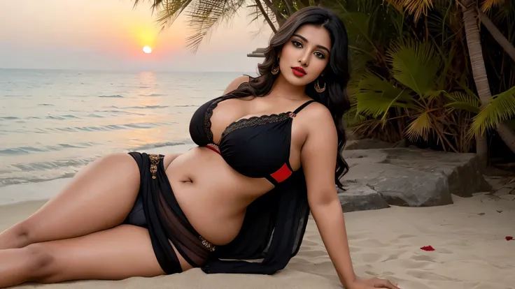 A beautiful Indian model wearing a black saree and red lipstick on a beech with beautiful sunset and her belly is visible she have big  and round ass . She have very beautiful and juicy lips. She have fair skin colour and very beautiful brown eyes. Her bra...