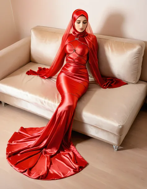 woman shrouded in a 10-meter-long, plush red semi transparent satin shimmer cloth, tightly bound and grandly draping along the f...