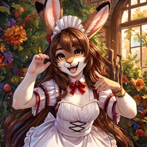 Furry bunny , 1 girl, looks at the viewer, long hair, Smile, Open mouth, Brown hair, Stick out your tongue, Hare ears, Maid&#39;s Headdress, legs in the frame , bent over ,big breasts, Blushing, Smile, language, Tooth, Tooth, fangs, drool, heavy breathing,...