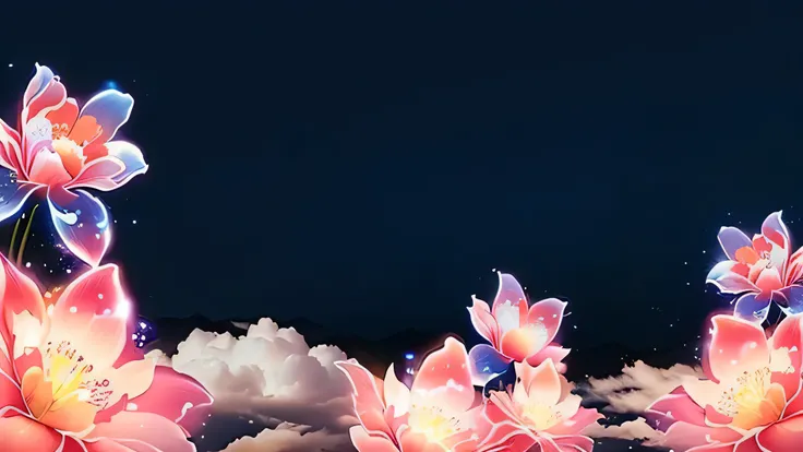 flowers in the sky with clouds and stars, surreal waiizi flowers, night sky full of flowers, luminous flowers, glowing flowers, background artwork, glowing neon flowers, beautiful background, magical flowers, neon flowers, beatiful, mythical floral hills, ...