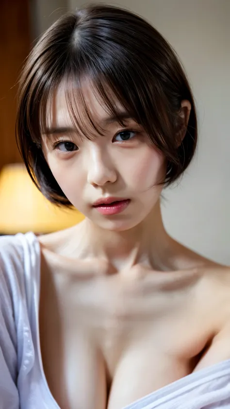 ((Petite women, Sensual woman, No makeup, 柔らかい笑face)), (((Small eyes, length, Narrow eyes, Black Hair, Short Bob Hair))), (Full body portrait, Short Hair, Large Breasts, Wearing a white T-shirt, Protruding nipples, Thick pubic hair), White skin, Glossy pal...