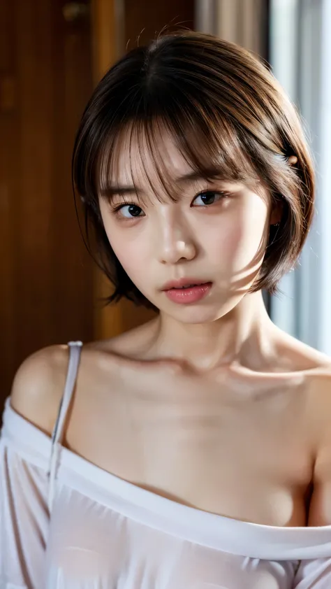 ((Petite women, Sensual woman, No makeup, 柔らかい笑face)), (((Small eyes, length, Narrow eyes, Black Hair, Short Bob Hair))), (Full body portrait, Short Hair, Large Breasts, Wearing a white T-shirt, Protruding nipples, Thick pubic hair), White skin, Glossy pal...