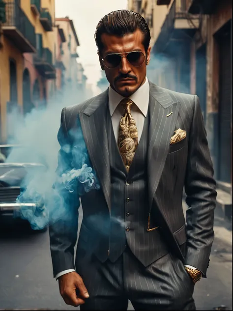 Create an image of a handsome Italian mafia boss, Tough, eyed, Savage, violence, ferocious, Intimidating, Wearing a luxurious gucci suit, (wide angle, full body), smokes. Stand in the middle of the street. 80s movie style, smoke background