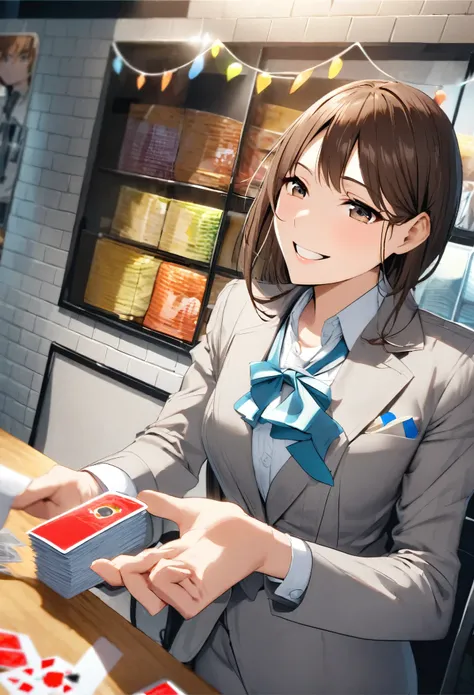 Grey Suit、White shirt、Ribbon tie、Trying to hand over the card、Beautiful woman、smile、At work、Brown Hair