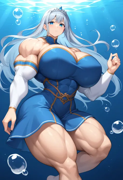 (score_9:0.9),score_8_up,score_7_up,anime style,rating_safe,(zPDXL),tearlaments kitkallos,blue dress,silver tiara,blue detached sleeves,1girl,solo,underwater,large breasts,looking at viewer,bubble,underwater,anime character with huge breasts and big muscle...