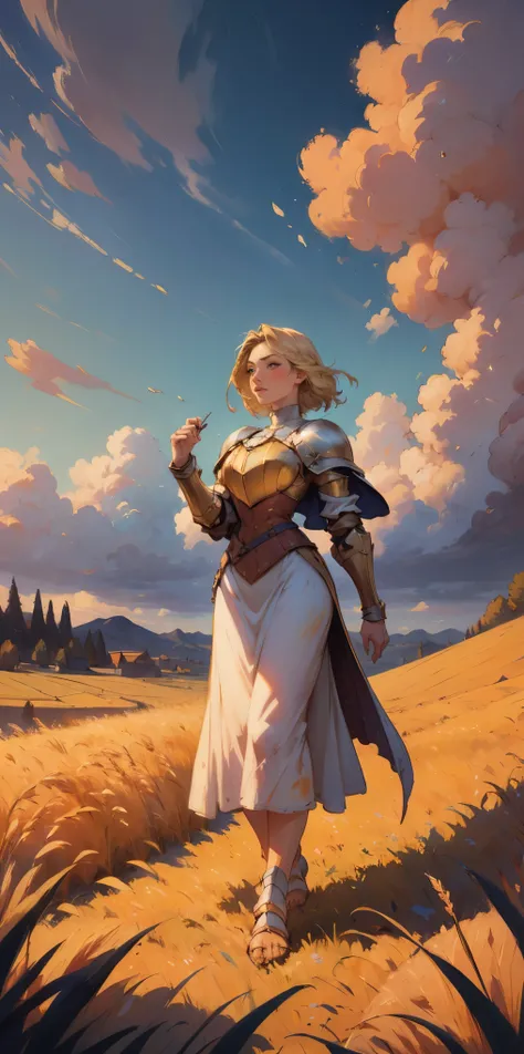 stunning painting of a knight with blonde hair, wheat field, epic clouds ((painterly)) ((impressionist)) vibrant, soft edges (((warm glow))) full body whole body view from below 1sologirl, feet together