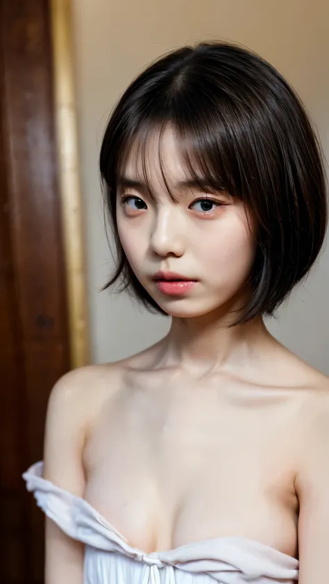 ((Petite women, Sensual woman, No makeup, 柔らかい笑face)), (((Small eyes, length, Narrow eyes, Black Hair, Short Bob Hair))), (Full body portrait, Short Hair, Large Breasts, Wearing a white T-shirt, Protruding nipples, Thick pubic hair), White skin, Glossy pal...