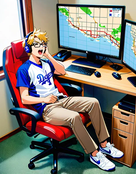 A young man lying on a recliner fiddling with his laptop with blonde hair, brown eyes, glasses, a white collared T-shirt, an opened Dodgers jacket, grey slacks, and tennis shoes, a white computer room, indoors, monitors displaying a Los Angeles map, headse...