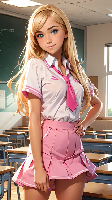 cute teen blonde girl wearing revealing pink high-school uniform in classroom