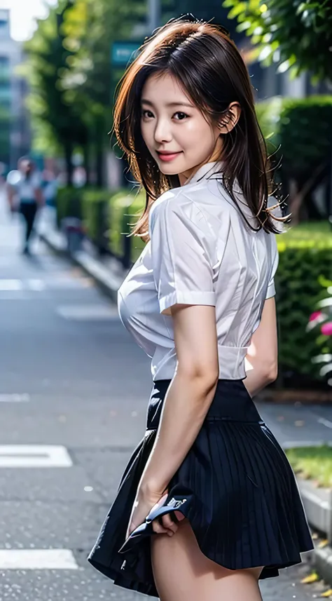 field、1 girl、White short-sleeved shirt uniform:1.3、Ultra-realistic、Button up your white short-sleeved shirt three times./4 Open:1.2、Showing off her dark blue bra and large breasts:1.3、Japanese school black pleated skirt:1.4、Translucent shirt buttons:1.2、Si...