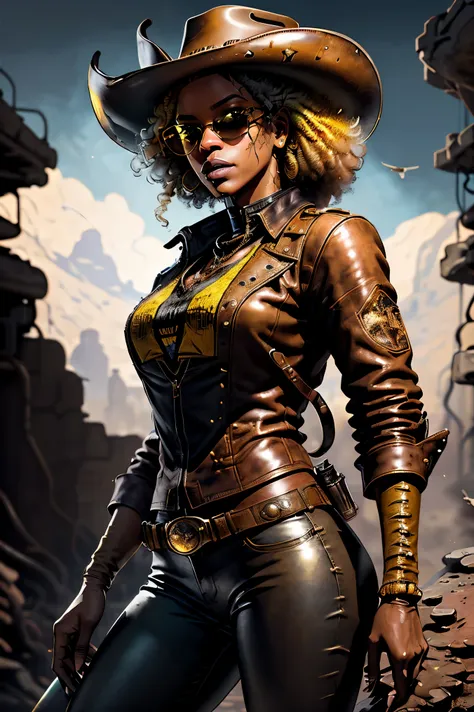 beyoncé, a black woman as a space cowboy wearing a cowboy hat and gold rim sunglasses, leather pants and leather jacket, yellow ...