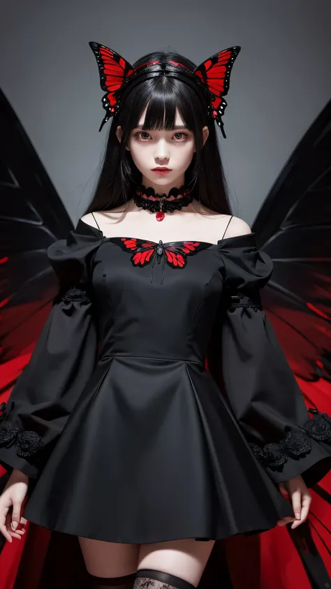 Expressionless,,(Dark fantasy),((Great illustrations)),(Detail Splash), Long black hair, Red Eyes, girl, Pure black dress, Collar only, The sleeves and skirt are dark red, A red butterfly barrette is attached to the side of her ear., masterpiece最high quali...