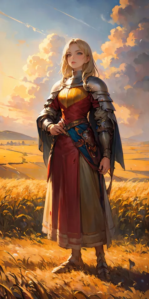 stunning painting of a knight with blonde hair, wheat field, epic clouds ((painterly)) ((impressionist)) vibrant, soft edges (((warm glow))) full body whole body view from below 1sologirl, feet together