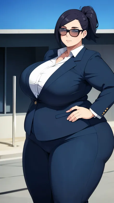 Very obese woman, lazy ass, blue business suit, wearing shades and a sexy hairdo