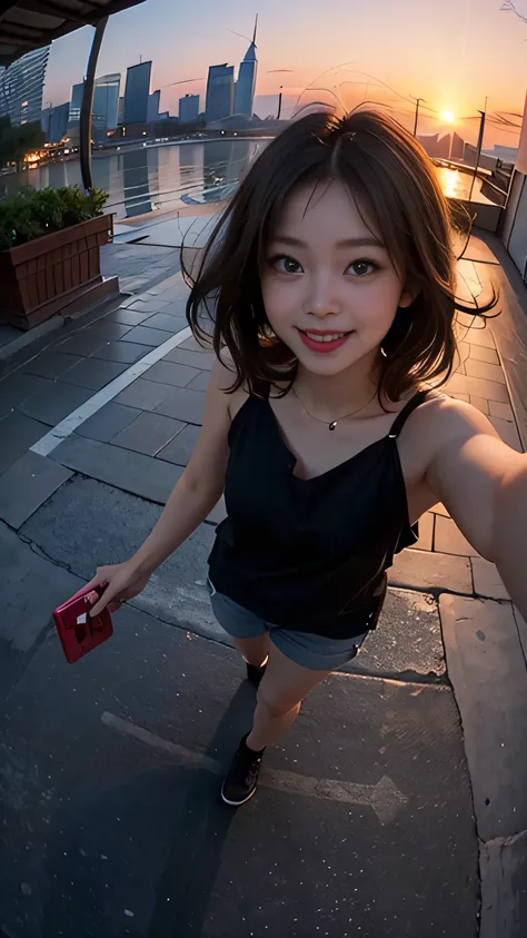 One person, Korean, Fisheye Lens, Selfie, wind, Messy Hair, sunset, Cityscape, (Aesthetics and atmosphere:1.2),smile