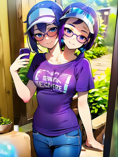 ((best quality), (high quality), (detailed), (masterpiece), good artist, (2heads:1.5), 1girl, (violet hair), ((blue eyes)), (visor sunglasses), (short ponytail), casual wear, gentle smile, ((purple t shirt)), dark violet pants, a two headed girl with beaut...