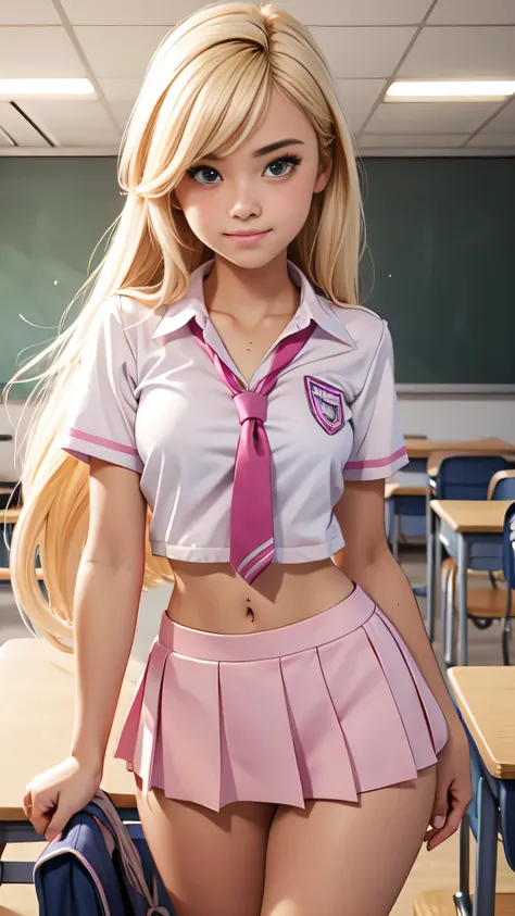 cute teen blonde girl wearing revealing pink high-school uniform in classroom, sexy, petite, popular girl,