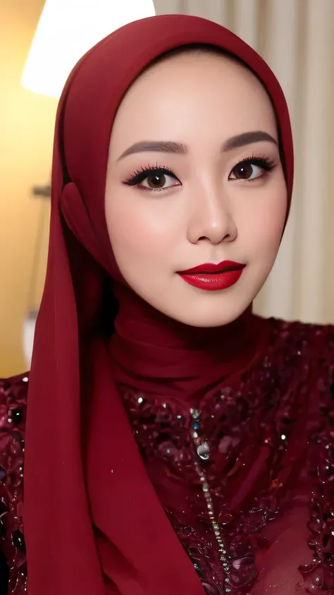 ((Realistic lighting, Best quality, 8K, Masterpiece: 1.3)), Clear focus: 1.2, 1 indonesian hijab girl, lolita , Perfect close up, beauty nude, naked, (Maroon hijab, medium saggy breasts: 1.3), lace material, (indoor, night: 1.1), porn studio background, S...