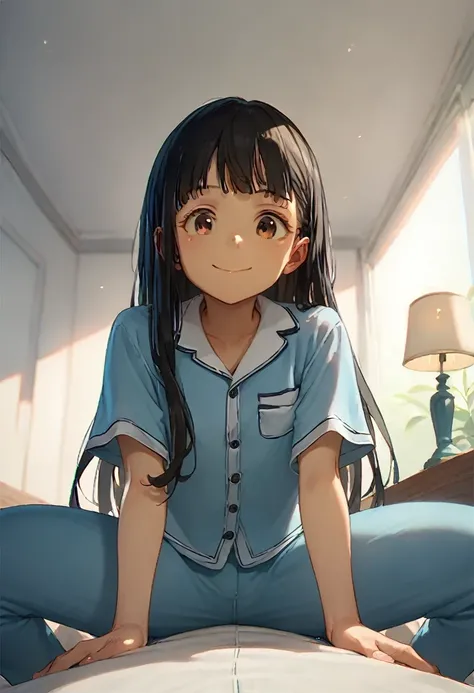 (score_9,score_8_up,score_7_up, ),
TMLH_NK,1girl,solo,
long hair,blue pajamas,black hair,smile,brown eyes,short sleeves,closed mouth,blue pants,pants,simple_background,white_background,bed,white bed,front view,spread legs,straddling,pov,open mouth,ceiling,...